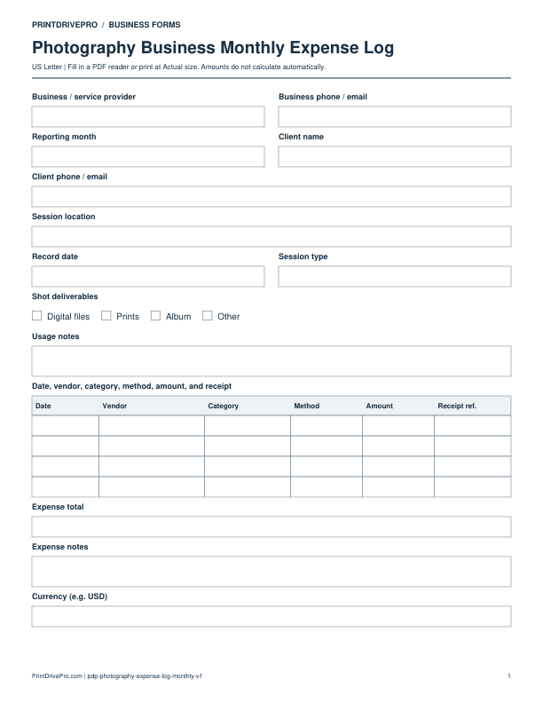 Preview of Photography Business Monthly Expense Log