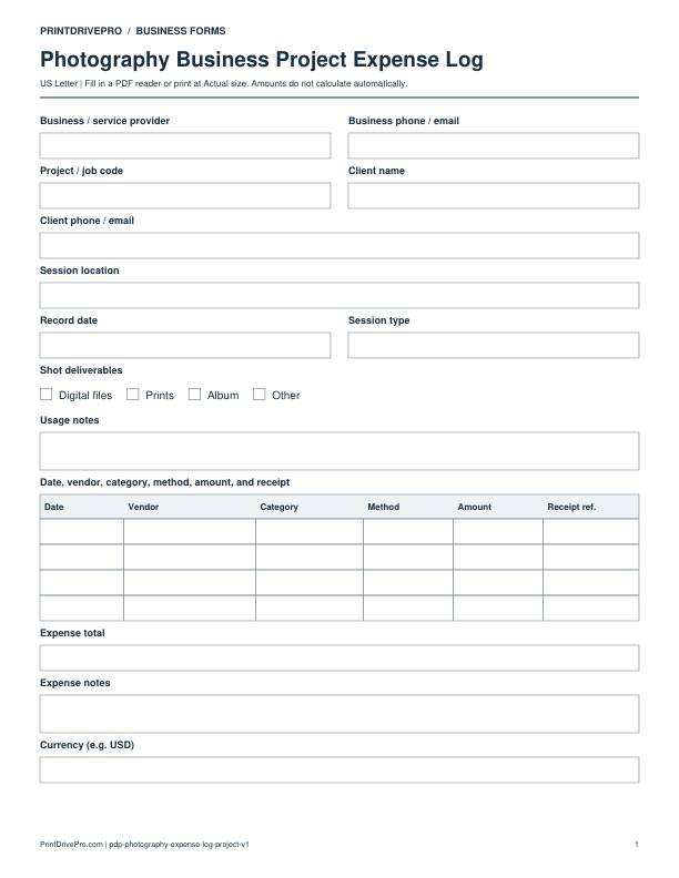 Preview of Photography Business Project Expense Log