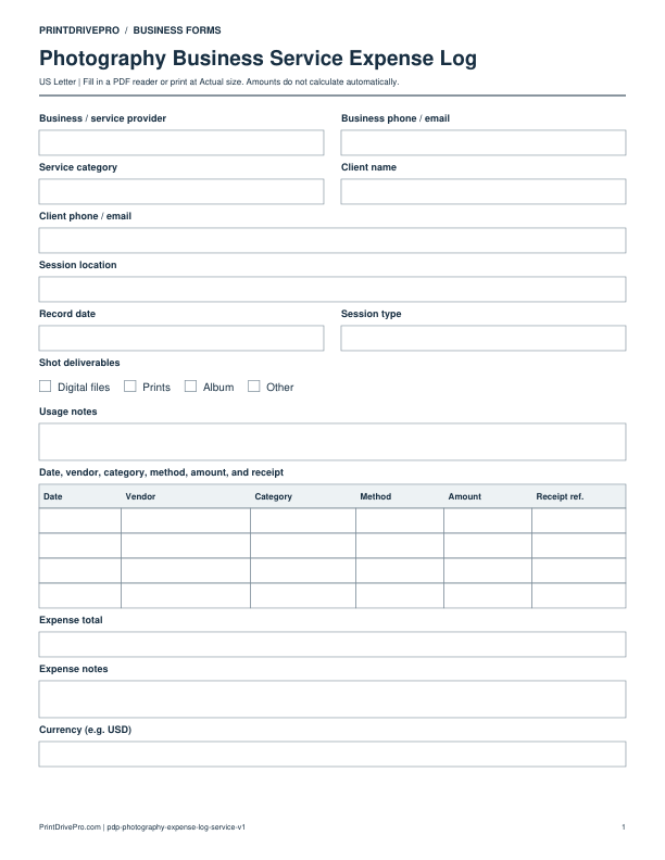 Preview of Photography Business Service Expense Log
