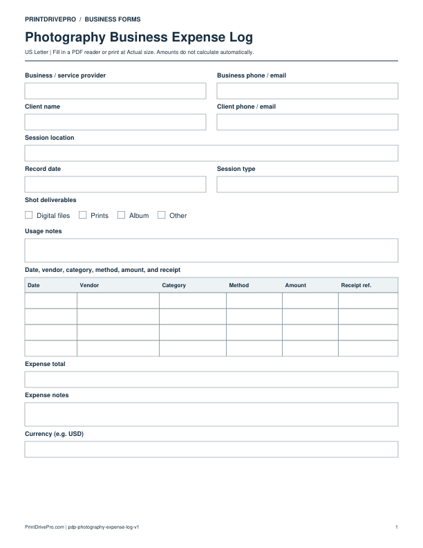 Preview of Photography Business Expense Log