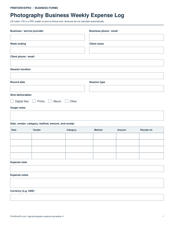 Preview of Photography Business Weekly Expense Log