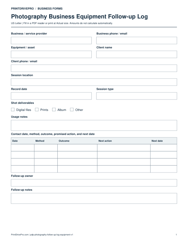 Preview of Photography Business Equipment Follow-up Log