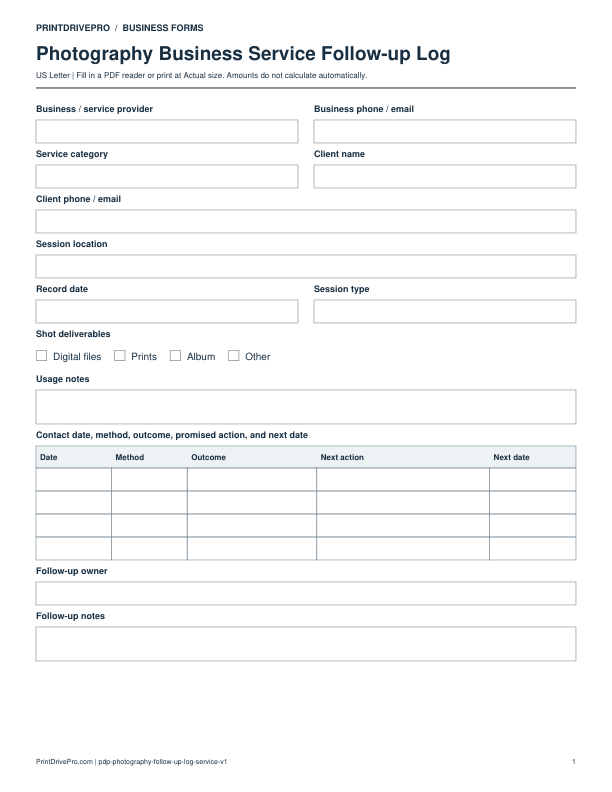 Preview of Photography Business Service Follow-up Log