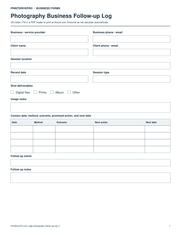 Preview of Photography Business Follow-up Log