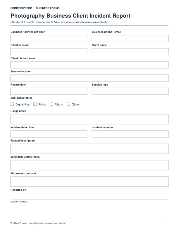 Preview of Photography Business Client Incident Report