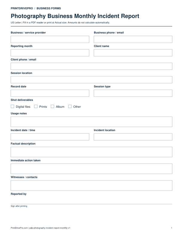 Preview of Photography Business Monthly Incident Report