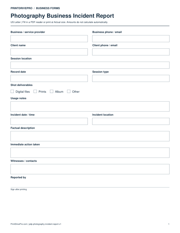 Preview of Photography Business Incident Report