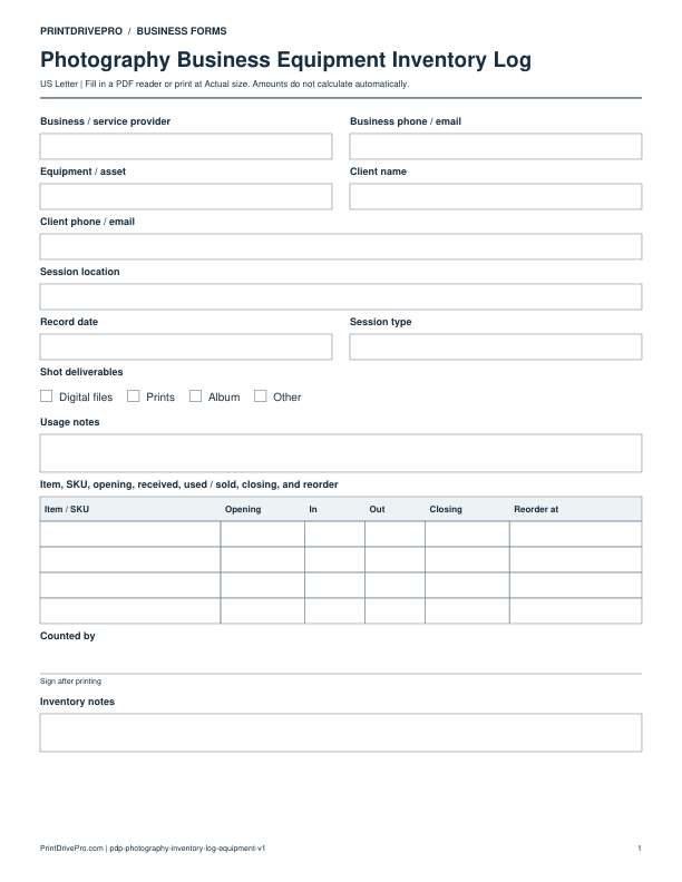 Preview of Photography Business Equipment Inventory Log