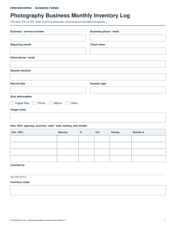 Preview of Photography Business Monthly Inventory Log