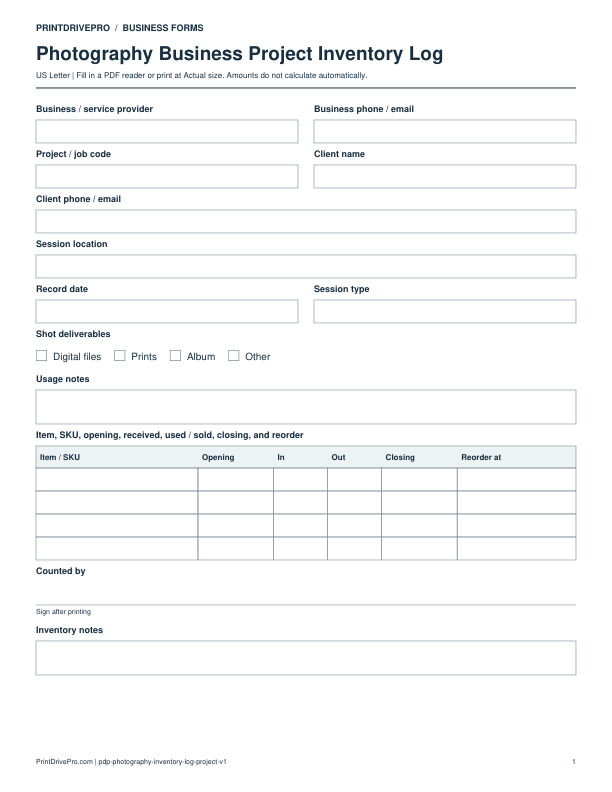 Preview of Photography Business Project Inventory Log
