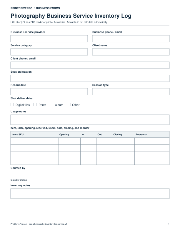 Preview of Photography Business Service Inventory Log