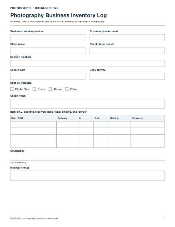 Preview of Photography Business Inventory Log