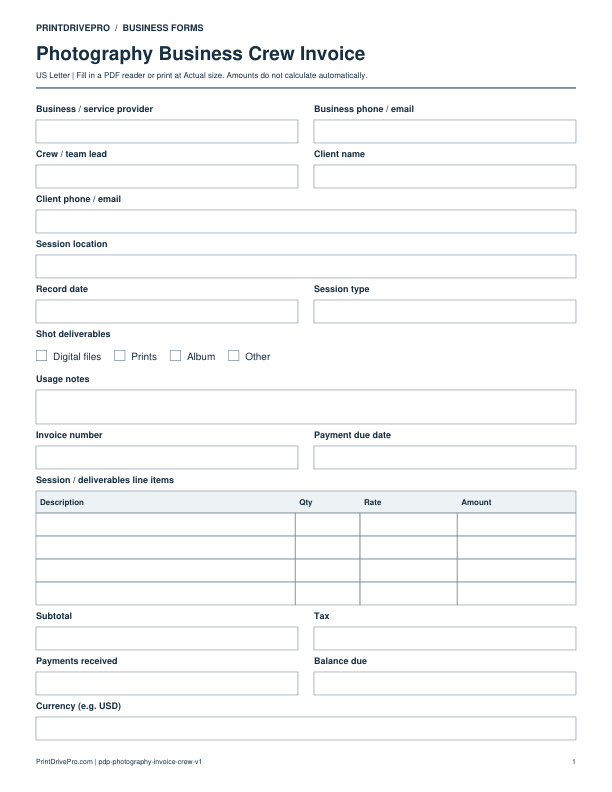 Preview of Photography Business Crew Invoice