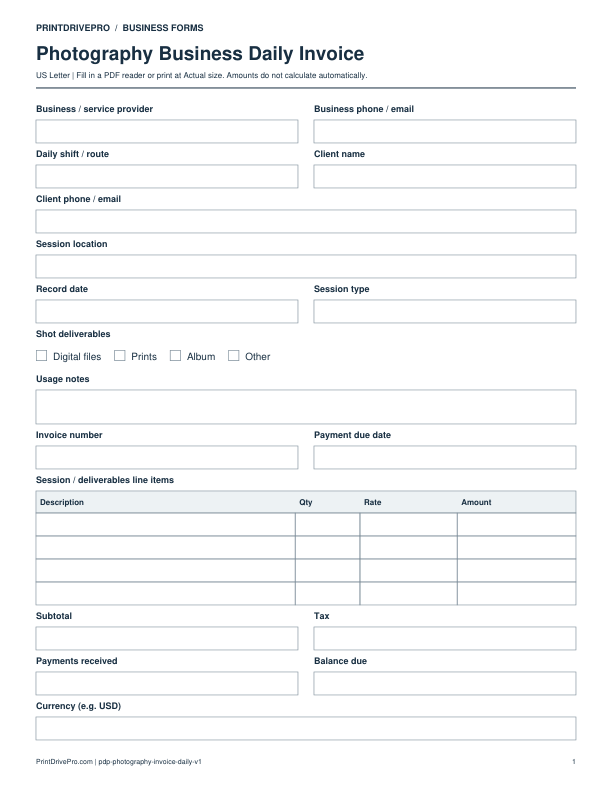 Preview of Photography Business Daily Invoice