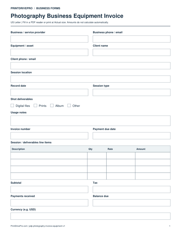 Preview of Photography Business Equipment Invoice