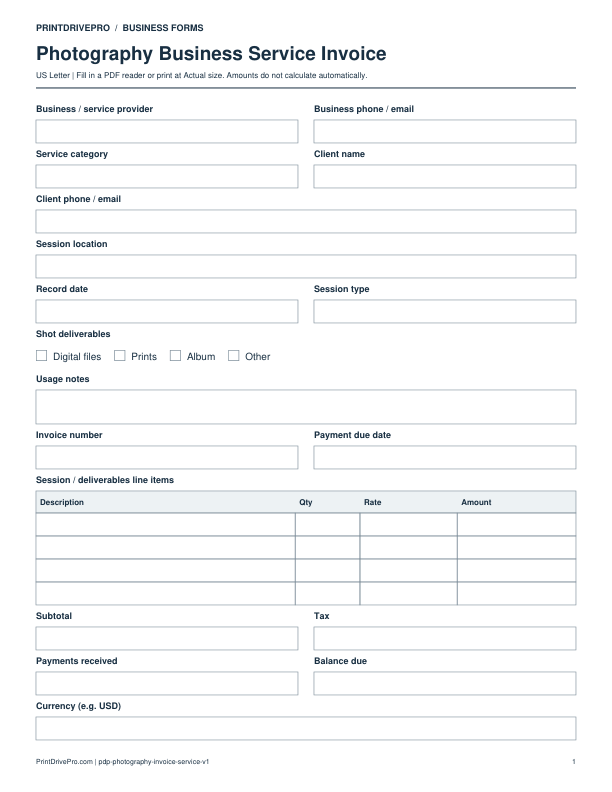 Preview of Photography Business Service Invoice