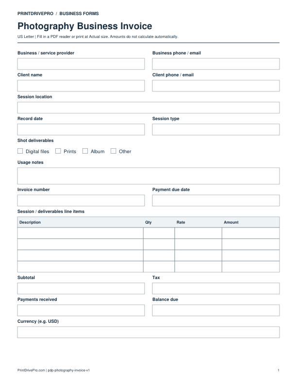Preview of Photography Business Invoice