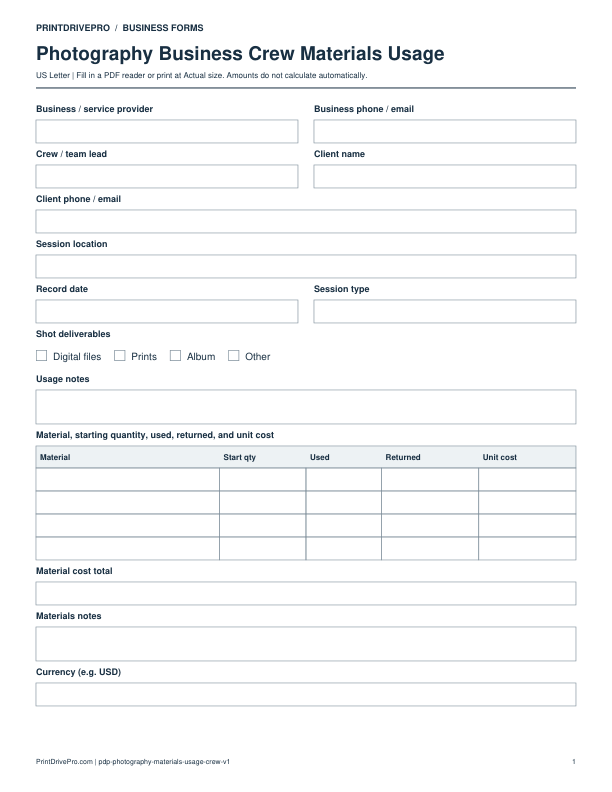 Preview of Photography Business Crew Materials Usage