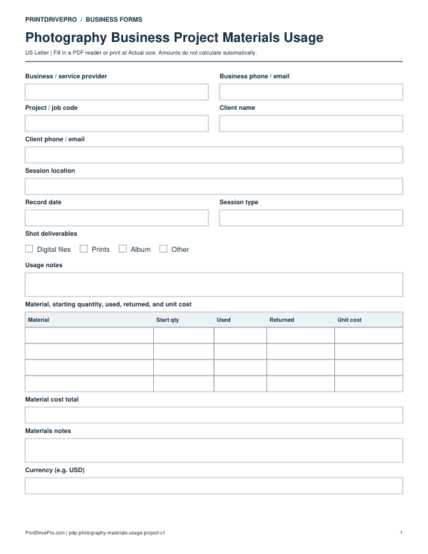 Preview of Photography Business Project Materials Usage