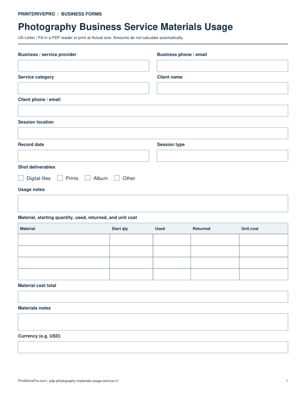 Preview of Photography Business Service Materials Usage