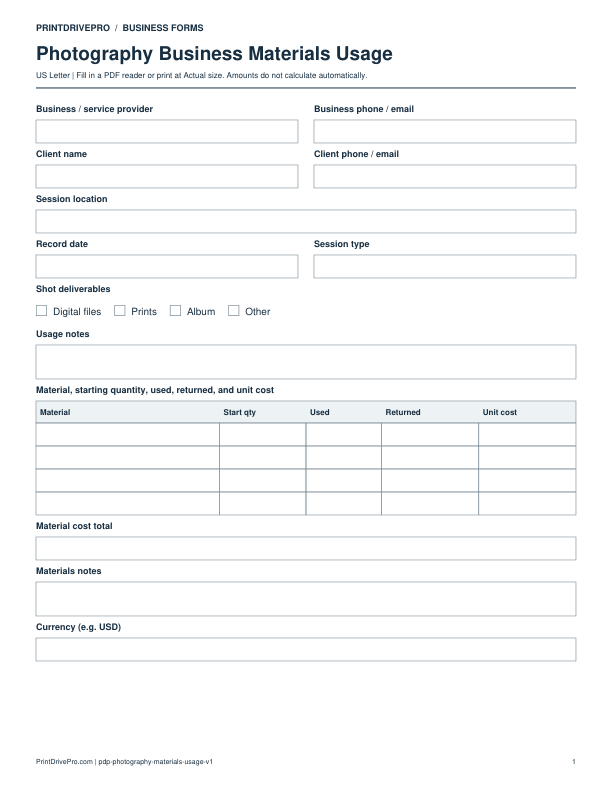 Preview of Photography Business Materials Usage