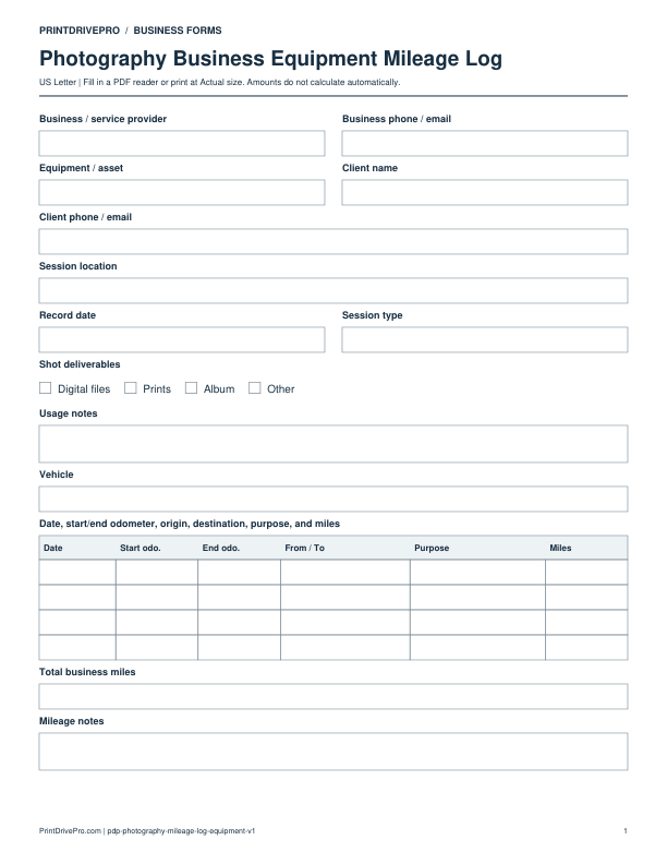 Preview of Photography Business Equipment Mileage Log