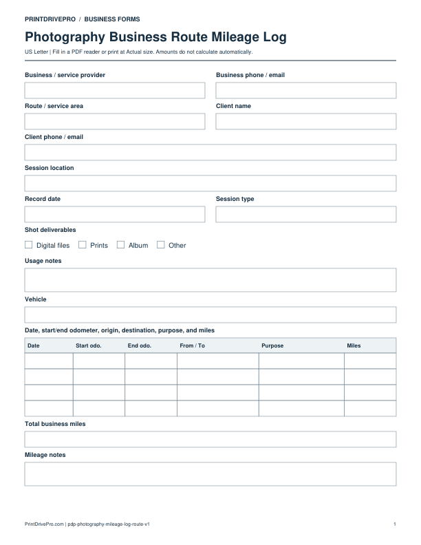 Preview of Photography Business Route Mileage Log