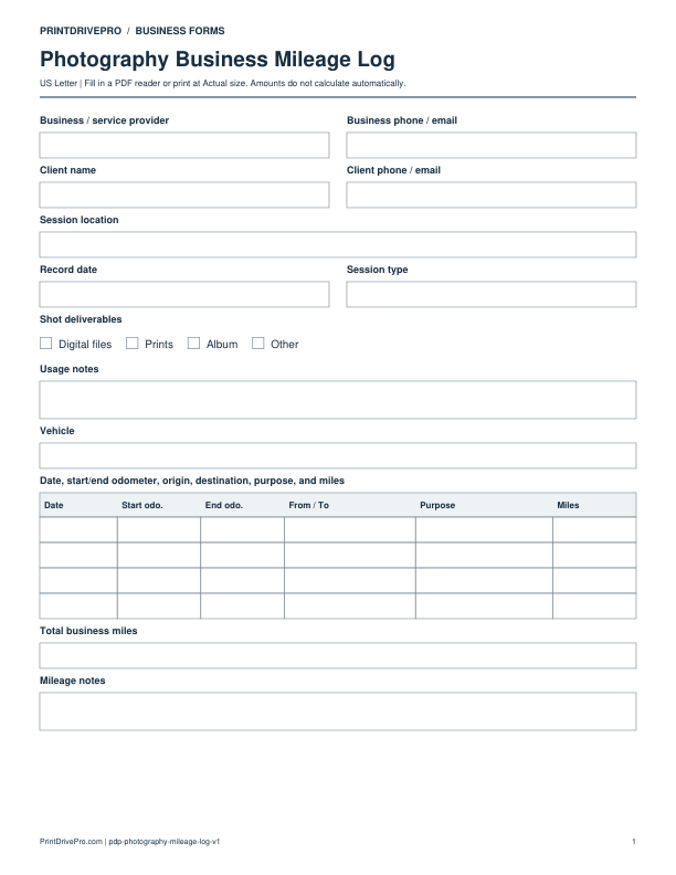Preview of Photography Business Mileage Log