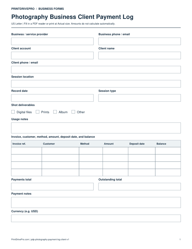 Preview of Photography Business Client Payment Log