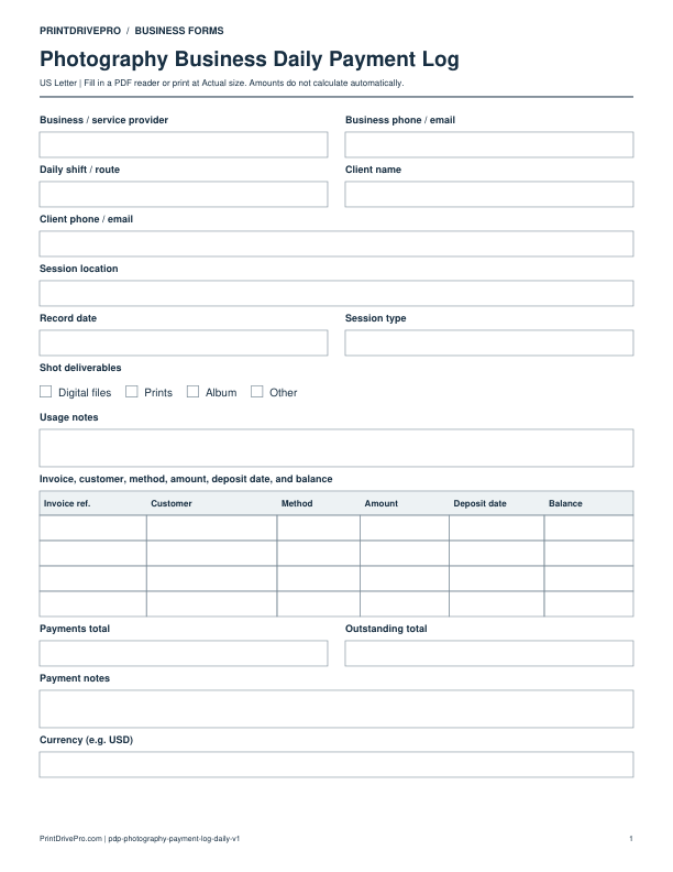Preview of Photography Business Daily Payment Log