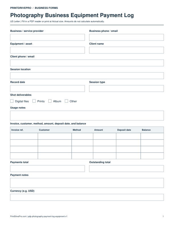 Preview of Photography Business Equipment Payment Log