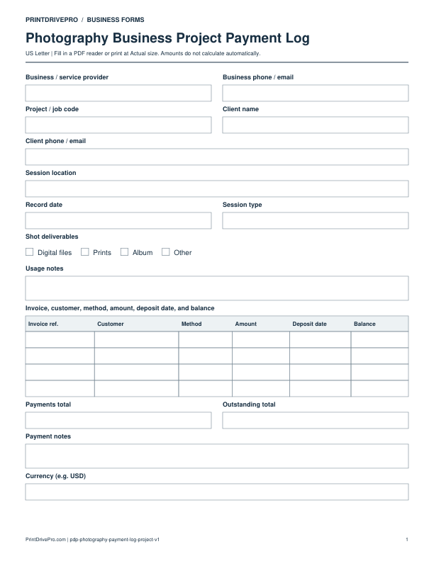 Preview of Photography Business Project Payment Log