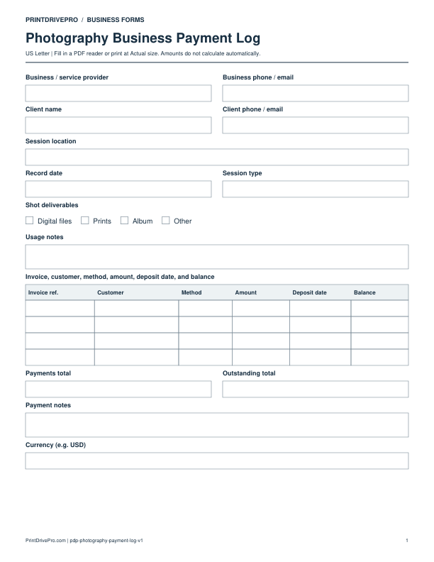 Preview of Photography Business Payment Log