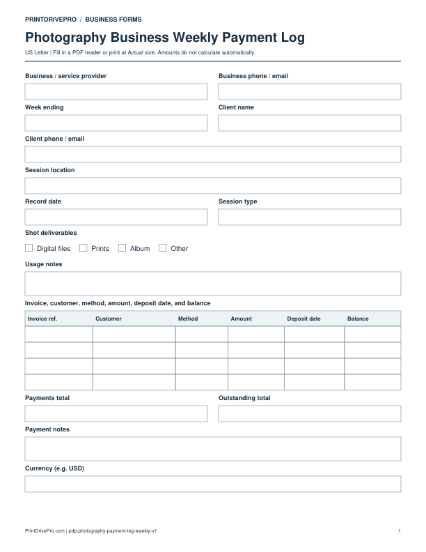 Preview of Photography Business Weekly Payment Log