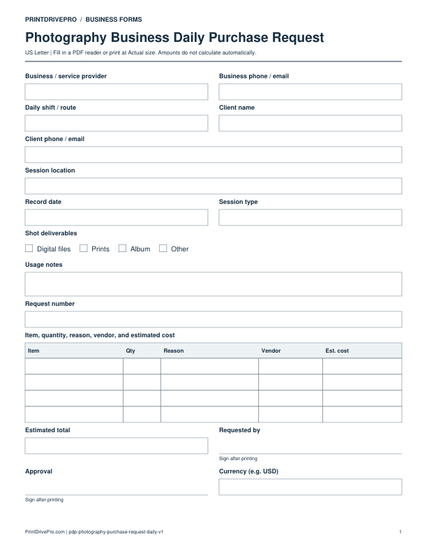 Preview of Photography Business Daily Purchase Request