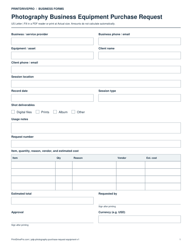 Preview of Photography Business Equipment Purchase Request