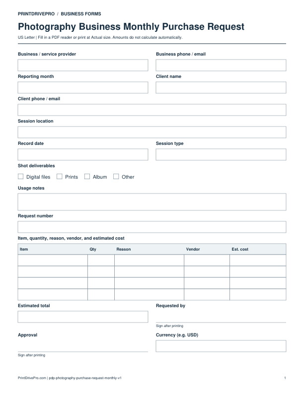 Preview of Photography Business Monthly Purchase Request
