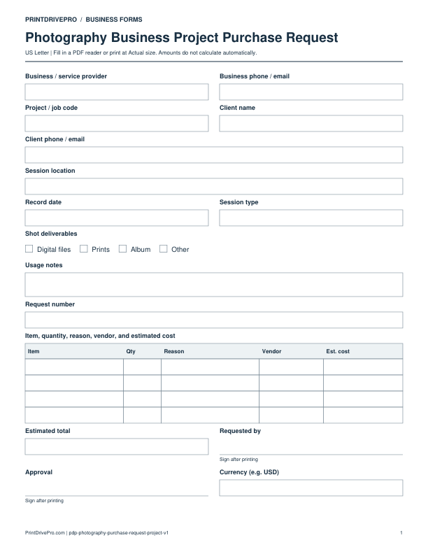 Preview of Photography Business Project Purchase Request