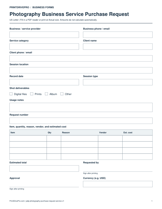 Preview of Photography Business Service Purchase Request