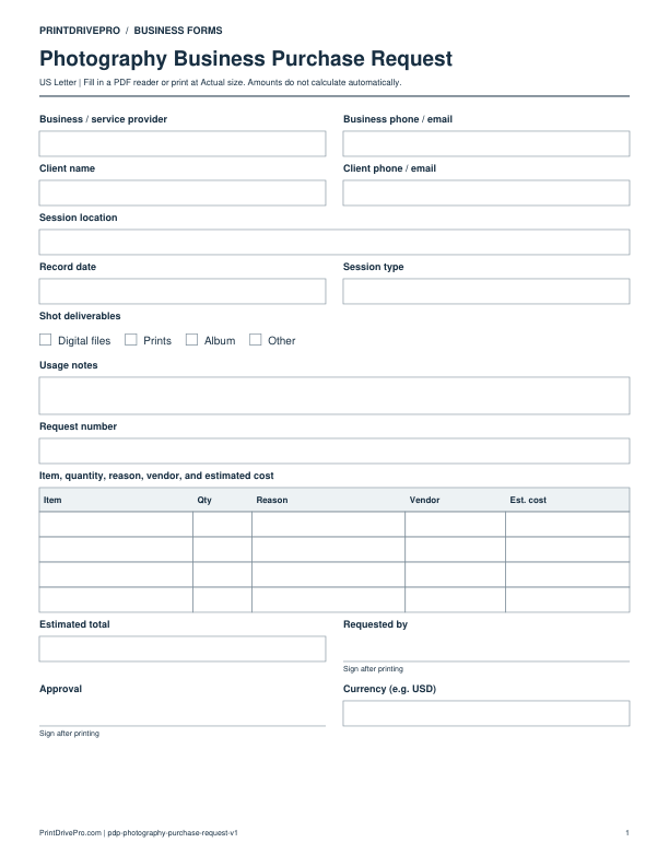 Preview of Photography Business Purchase Request