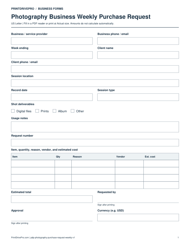 Preview of Photography Business Weekly Purchase Request