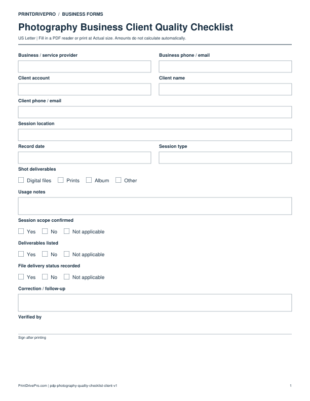Preview of Photography Business Client Quality Checklist