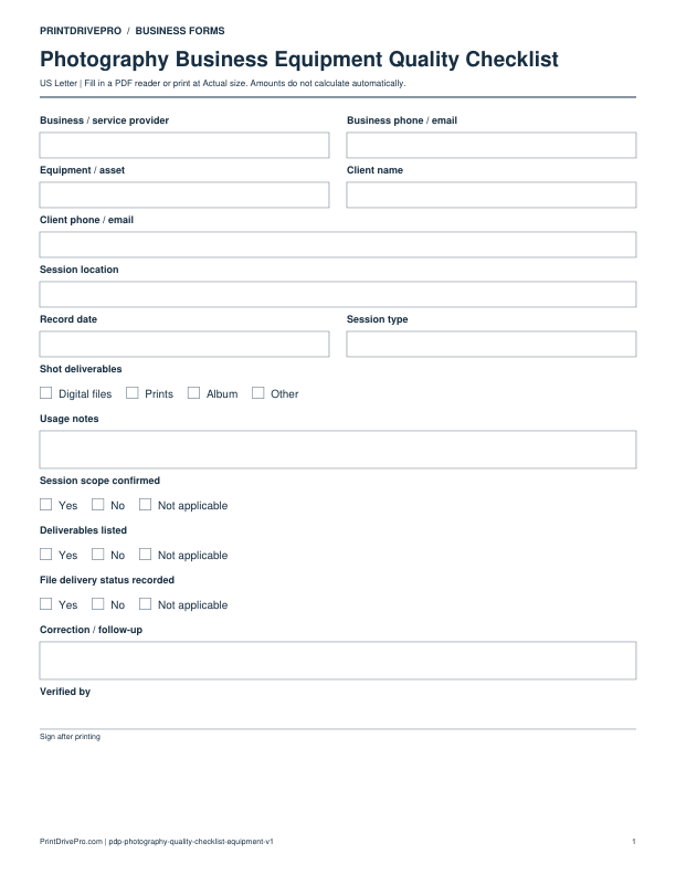 Preview of Photography Business Equipment Quality Checklist