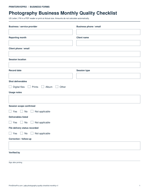 Preview of Photography Business Monthly Quality Checklist