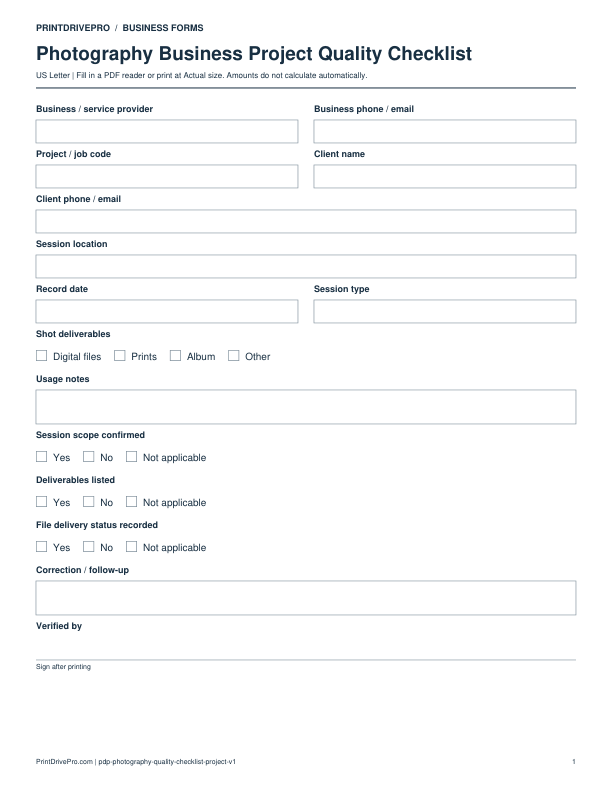 Preview of Photography Business Project Quality Checklist