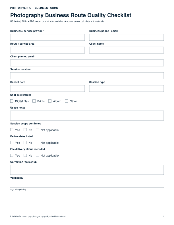 Preview of Photography Business Route Quality Checklist