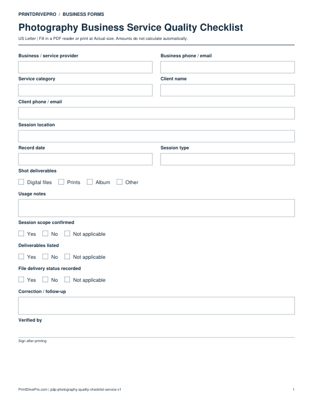 Preview of Photography Business Service Quality Checklist