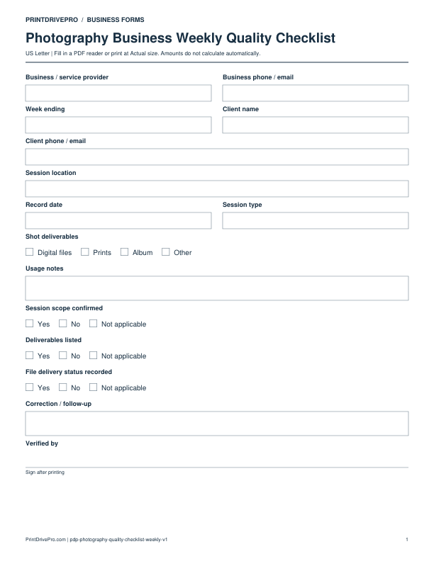 Preview of Photography Business Weekly Quality Checklist
