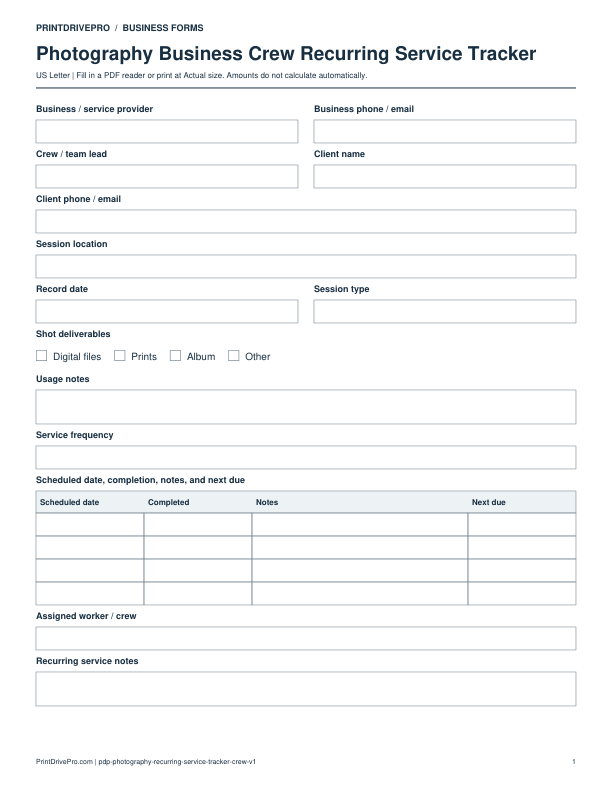 Preview of Photography Business Crew Recurring Service Tracker