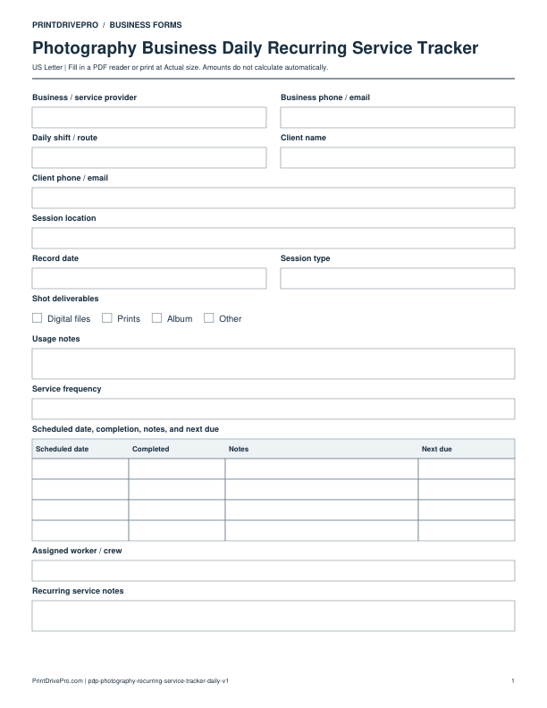 Preview of Photography Business Daily Recurring Service Tracker